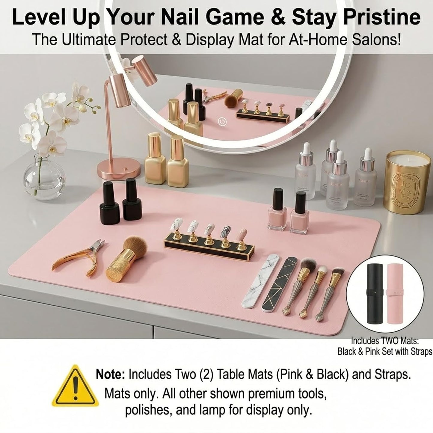 2 PCS Nail Art Table Mat, Soft Microfiber PU Leather Nail Pad, Foldable Nail Art Rest Pad, Reusable Nail Mat for Table Desk, Acrylic Nail Desk Mat for Nail Cushion(Pink+Black)
