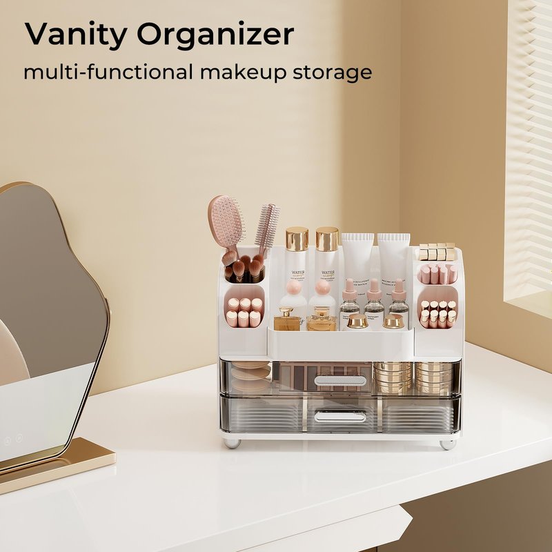 UFORU Makeup Organizer for Vanity with 2 Large Drawers, Cosmetic Display Case with Brush Holders, Easy to Storage for Bathroom Countertop Skincare, Perfume, White