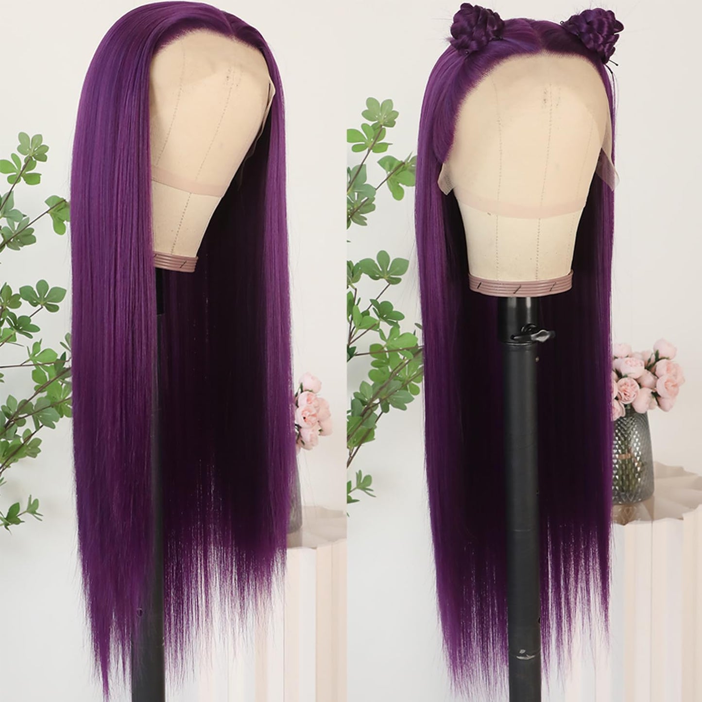 Lezaxiu Purple Lace Front Wigs Long Straight Glueless Dark Purple Wigs Pre Plucked Ready to Wear Wigs Heat Resistant Synthetic Lace Front Wig for Black Women Natural Hairline