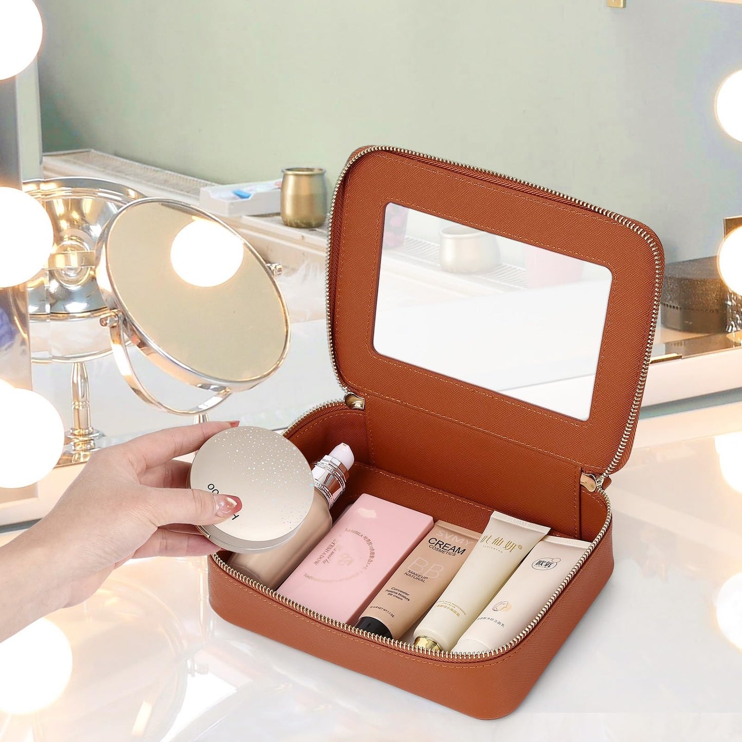 LOFOWN Clear Makeup Bag Set Travel Cosmetic Bag and Toiletry Bag Women's Purse Pouch Cosmetic Stroage Organizer Case with Zipper Car Essentials (Brown, M+Mini)