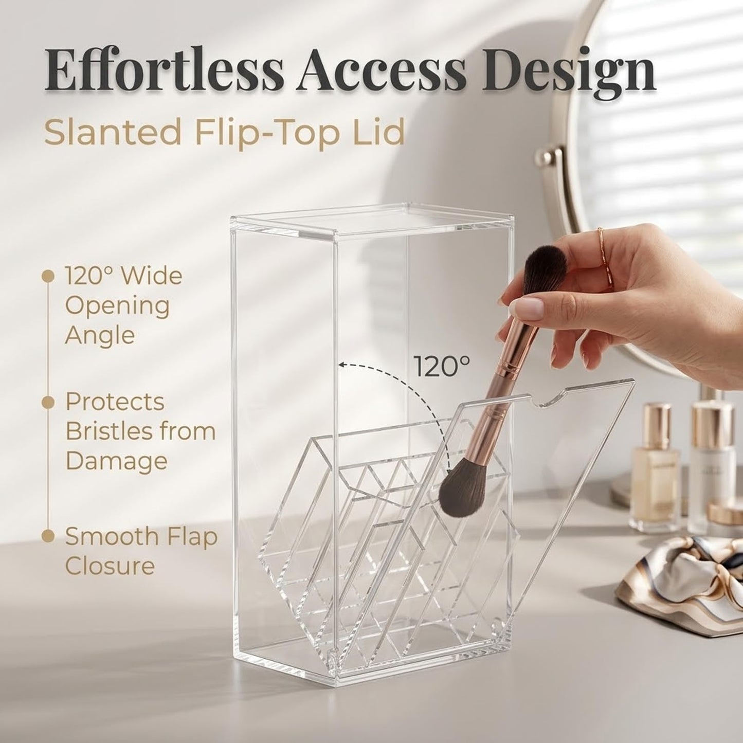VORA Makeup Brush Holder, Clear Make Up Brush Holder Organizer with 17 Slots, Tilt Open Large Makeup Brush Holde with Lid, Acrylic Makeup Organizer for Vanity Decor Office Home