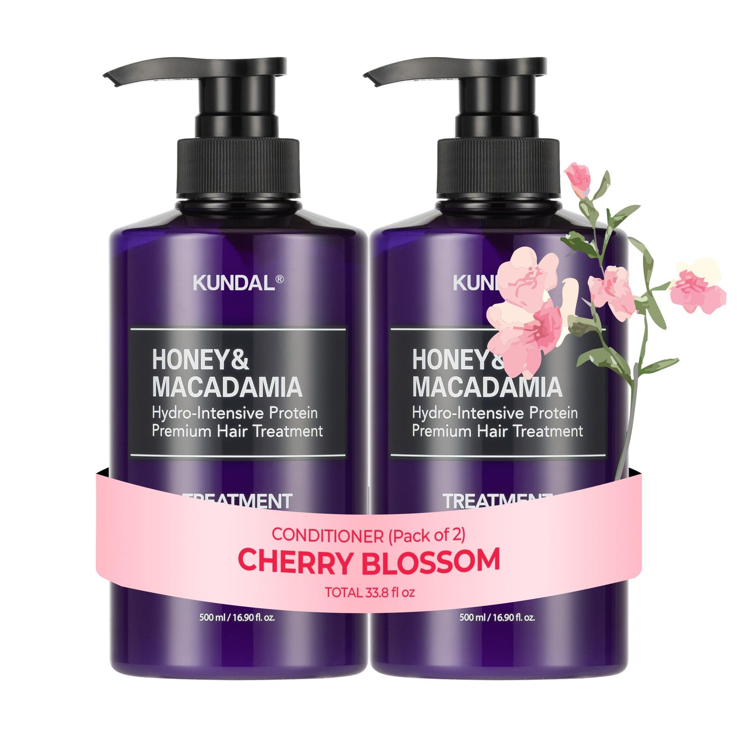 KUNDAL Honey & Macadamia Hydro-Intensive Protein Premium Hair Conditioning Mask, Cherry Blossom, 16.9 Fl Oz, Pack of 2 - Korean Hair Care Controls Frizz, Restores Softness, LPP Protein