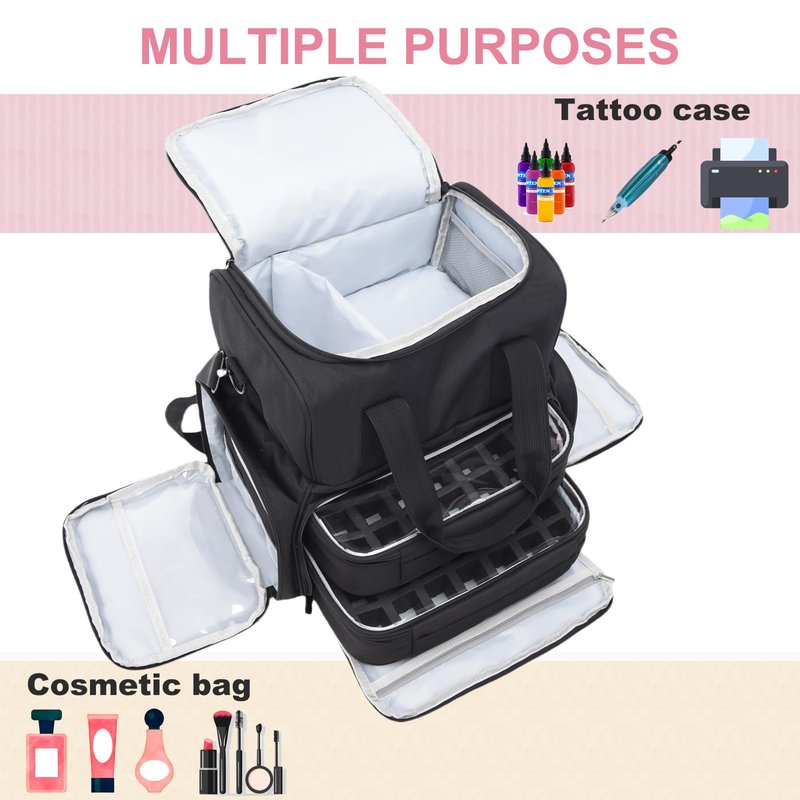NATUMER Large Tattoo Case Tattoo Travel Case with 2 Inner Removable Pouches- Waterproof Oxford Fabric Tattoo Travel Storage Bag for Large Tattoo Stencil Printer and Tattoo Supplies (Black Bag Only)