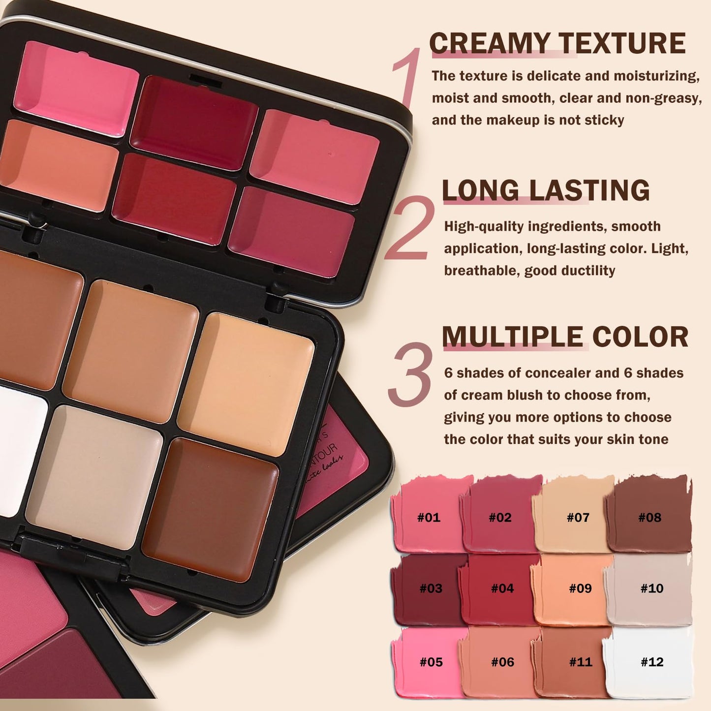 AOAZXBB 12 Colors Cream Blush Palette Cream Concealer Foundation Palette,Natural Matte Face Makeup Palette with Brush