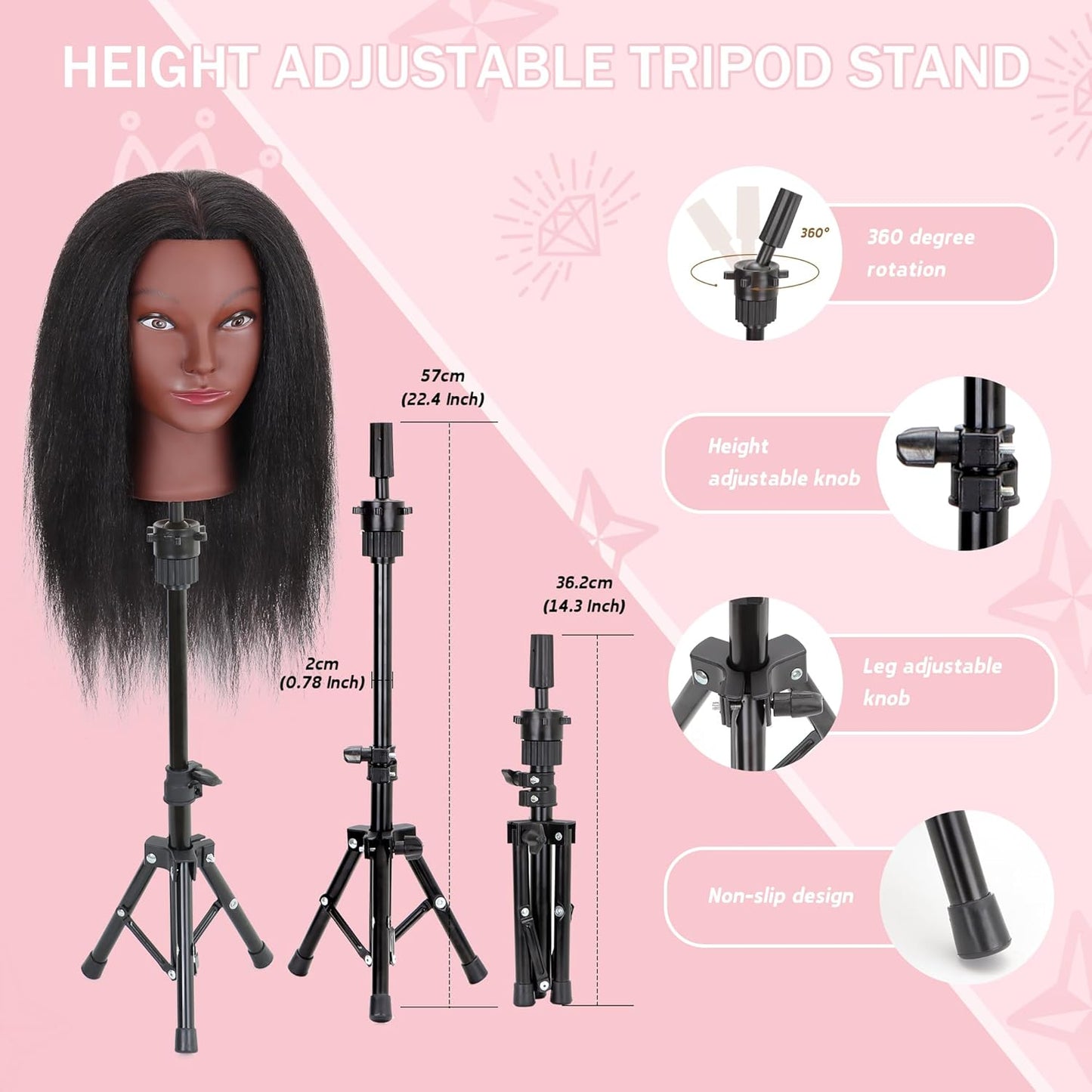 Mannequin Head - 16'' Human Hair Cosmetology Manikin Doll for Braiding & Styling | Tripod Included