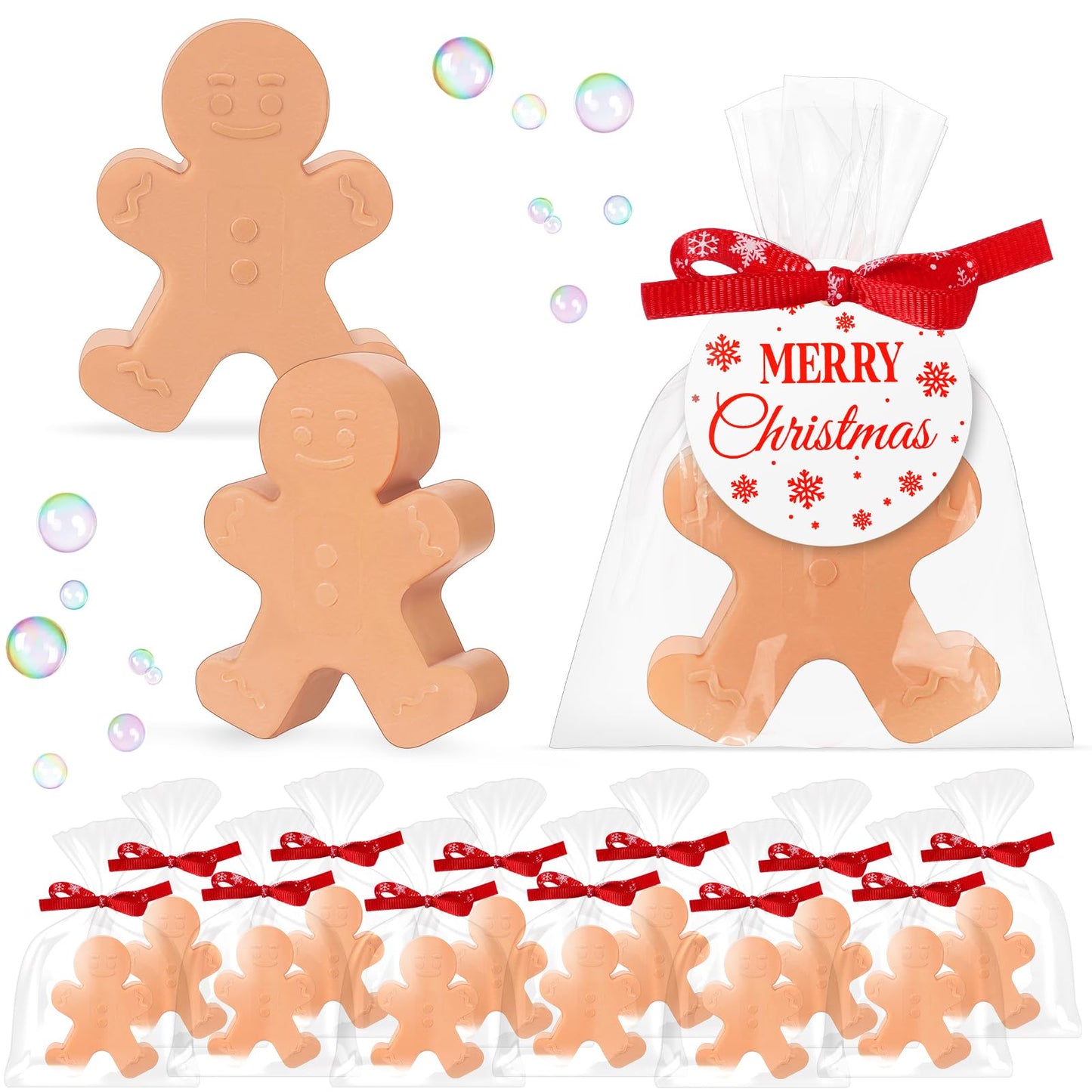 Heigble 90 Pcs Christmas Soap Bars Christmas Gift Bulk with 30 Holiday Glycerin Snowflake Xmas Tree Santa Clause Gingerbread Men Soap 30 Bag 30 Tag for Guest Coworker Bathroom(Brown,Gingerbread)