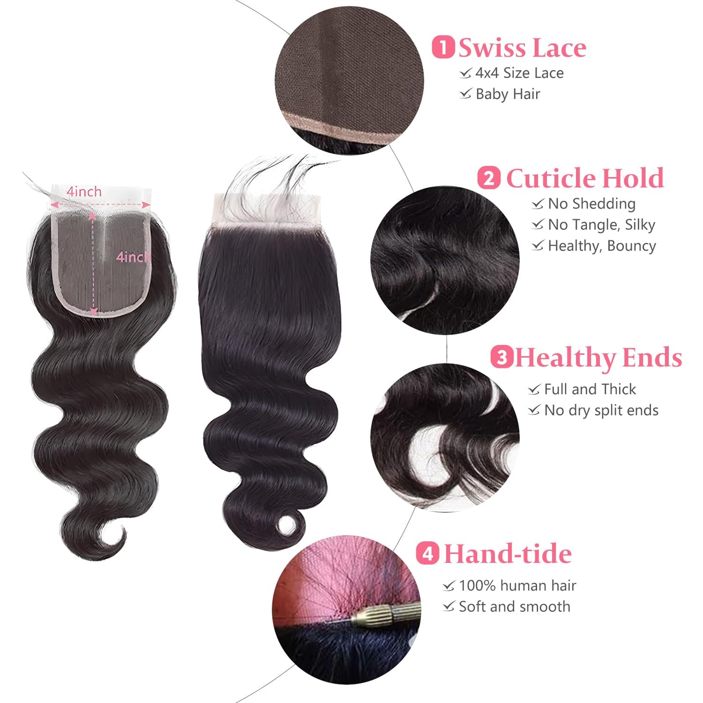 4x4 Lace Closure Human Hair Body Wave HD Lace Closure 20 Inch Free Part 100% Unprocessed Brazilian Virgin Human Hair Extensions for Women 150% Density Pre Plucked with Baby Hair Natural Black Color