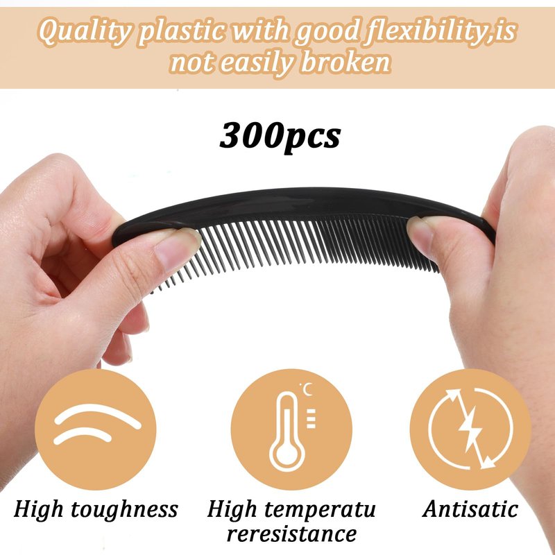 Oqqlin 300 Pcs Hair Combs Bulk, 5 Inch Black Plastic Combs for Men, Women Reusable Pocket Comb with Fine and Wide Tooth for Travel, Hotel, Beard, Homeless, All Hair Types