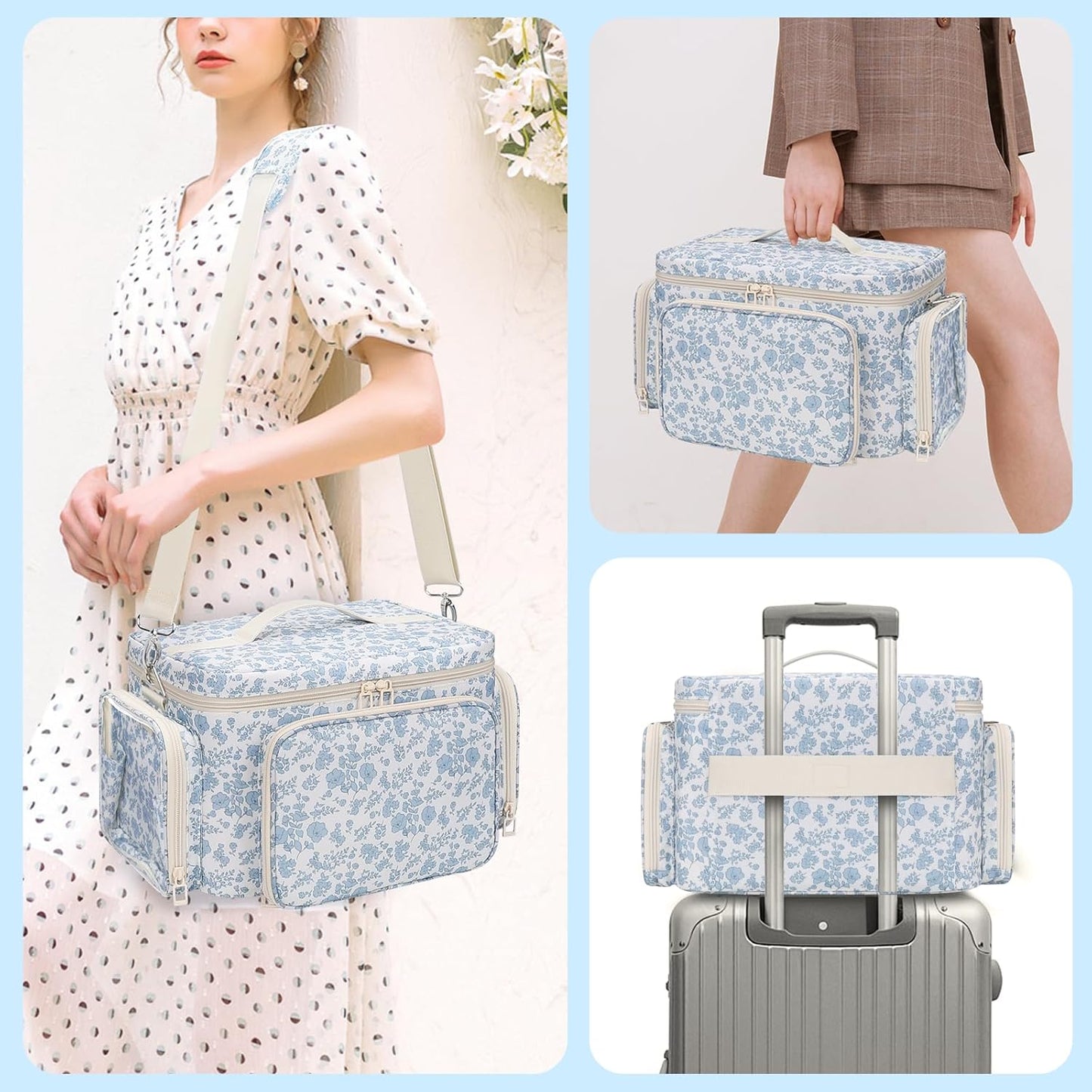 Nail Polish Organizer - Portable Storage for 42+ Bottles & Lamp | Travel Nail Kit Case - Blue Flower Design