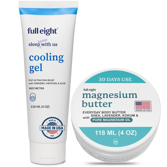 Full Eight Magnesium Body Butter and Fast Acting Cooling Gel Bundle - Calming and Sleep Supporting - Fast Absorbing, Deep Penetrating, Moisturizing, and Calming - Daily and Nightly Creams (4oz each)