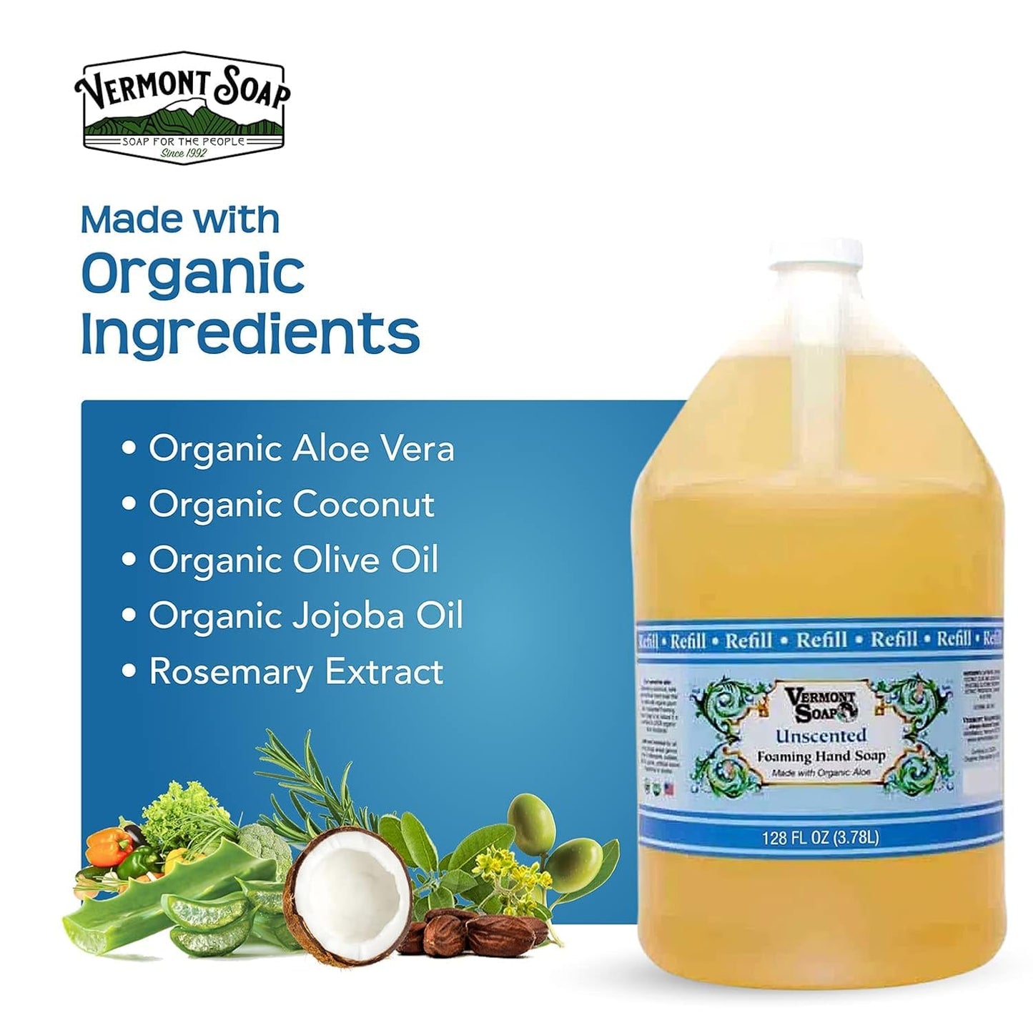 VERMONT SOAP Organics Foaming Hand Soap, Liquid Soap with Pre-diluted Formula - Ready to Use Simply Unscented Hand Soap With Convenient and Economical Gallon Refill Size