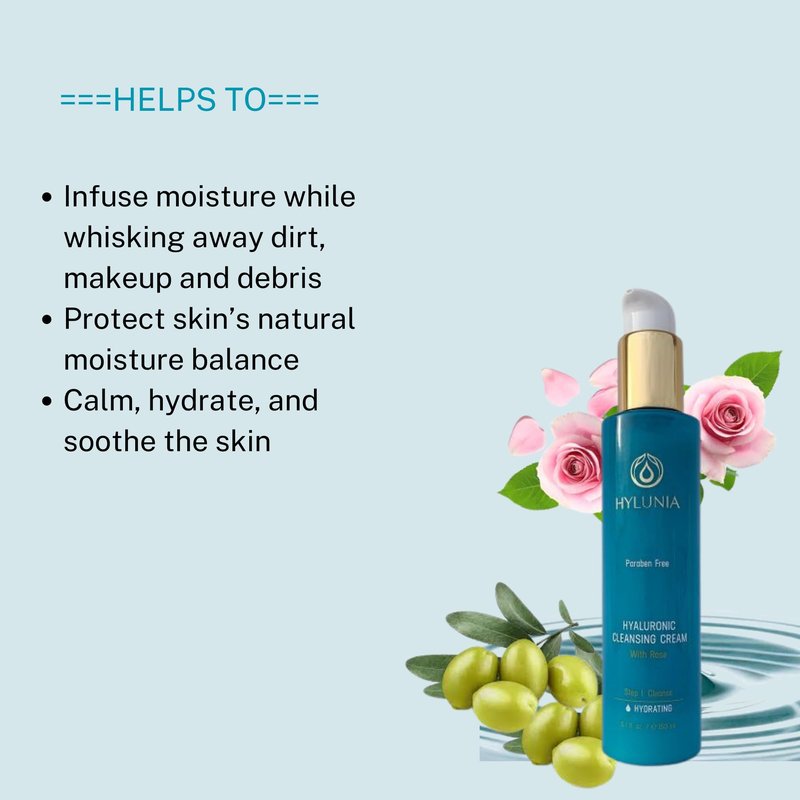 Hylunia Hyaluronic Cleansing Cream – Hydrating & Soothing Facial Cleanser with Hyaluronic Acid, Rose & Olive Oil Squalene – Gentle, Non-Drying, Vegan & Ayurvedic Skincare – 5.1 FL oz