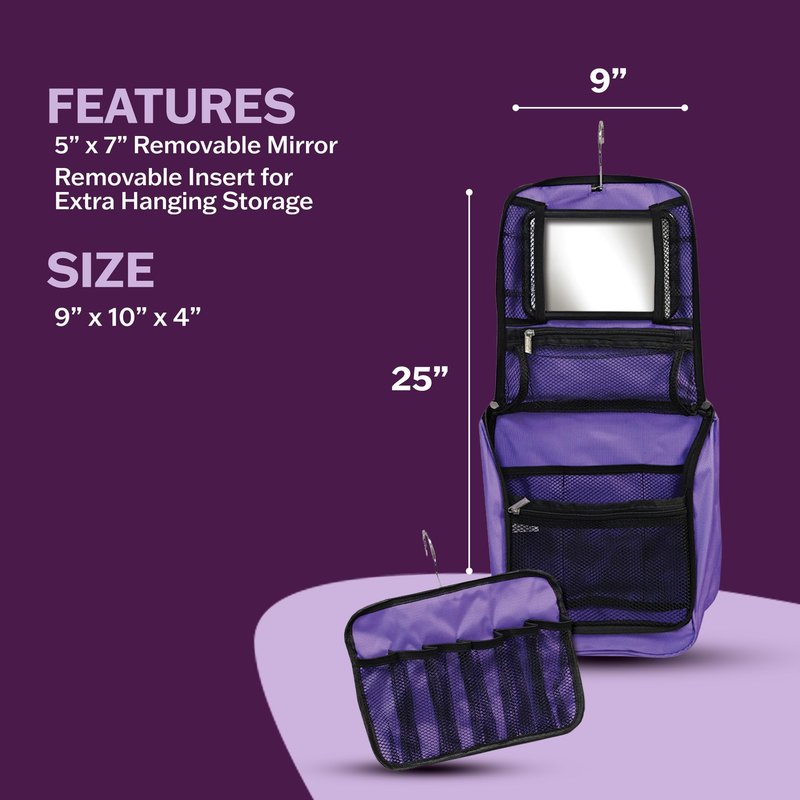 Dream Duffel Hanging Cosmetic Case for Women & Kids, Travel Toiletry Bag with Pockets & Mirror, Holds Dance Competition Essentials, 9”x10”, Purple