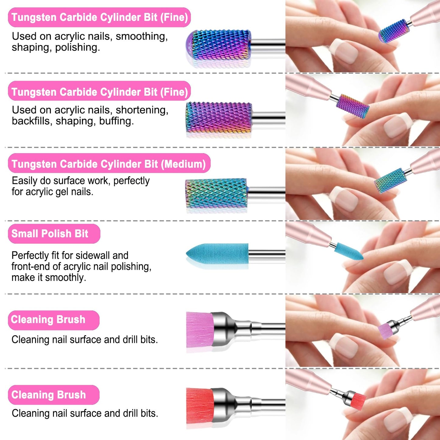 Cellentool 30Pcs Nail Drill Bits Set with Rhinestone Storage Box, 3/32 Inch Ceramic Diamond Carbide Nail Drill Bits for Acrylic Gel Polish, Cuticle Efile Remover for Manicure (Pink)