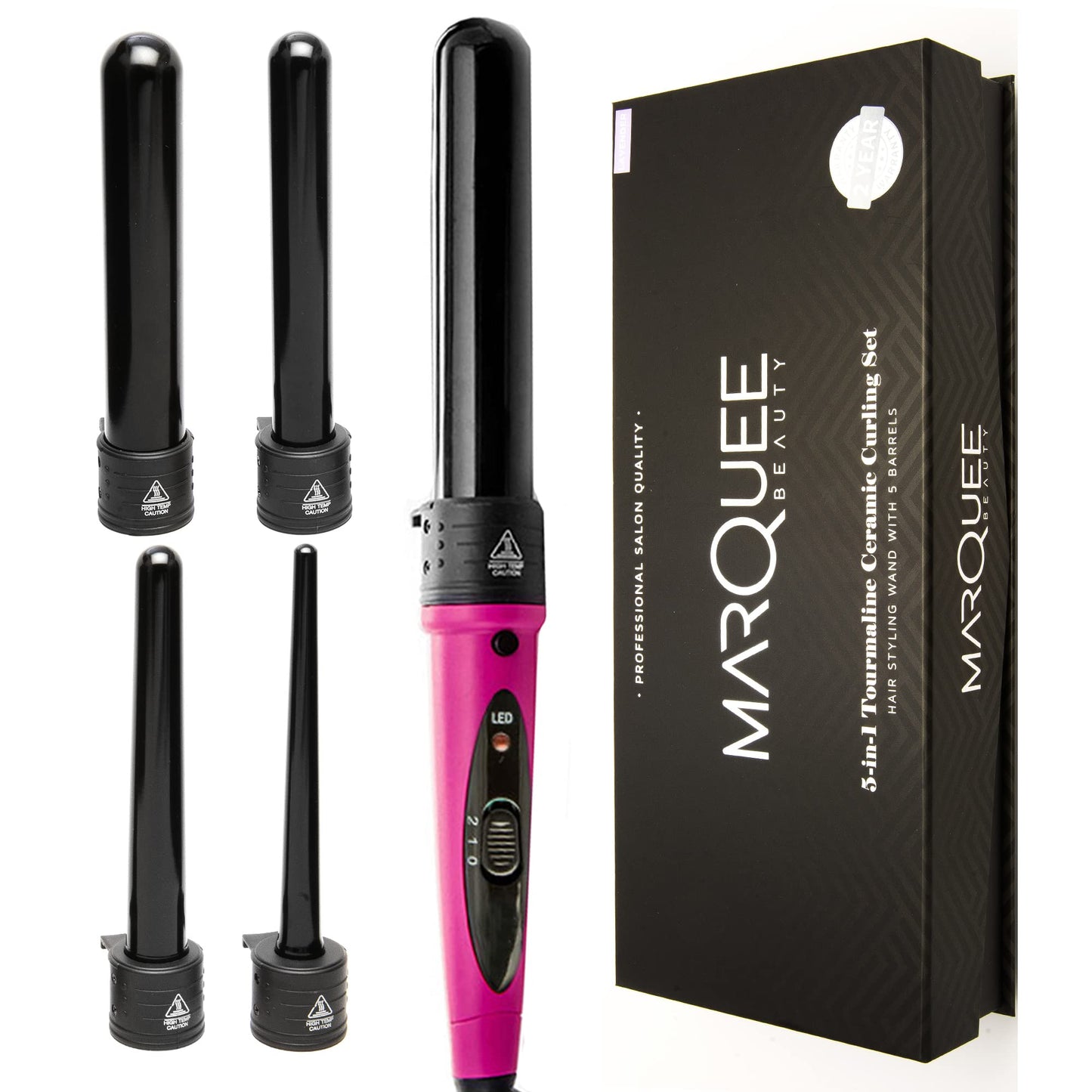 Marquee Beauty Professional Salon 8 Piece Flat And Curling Iron Set, 5 Interchangeable Ceramic Tourmaline Barrels, Heat Protectant Glove (Pink)