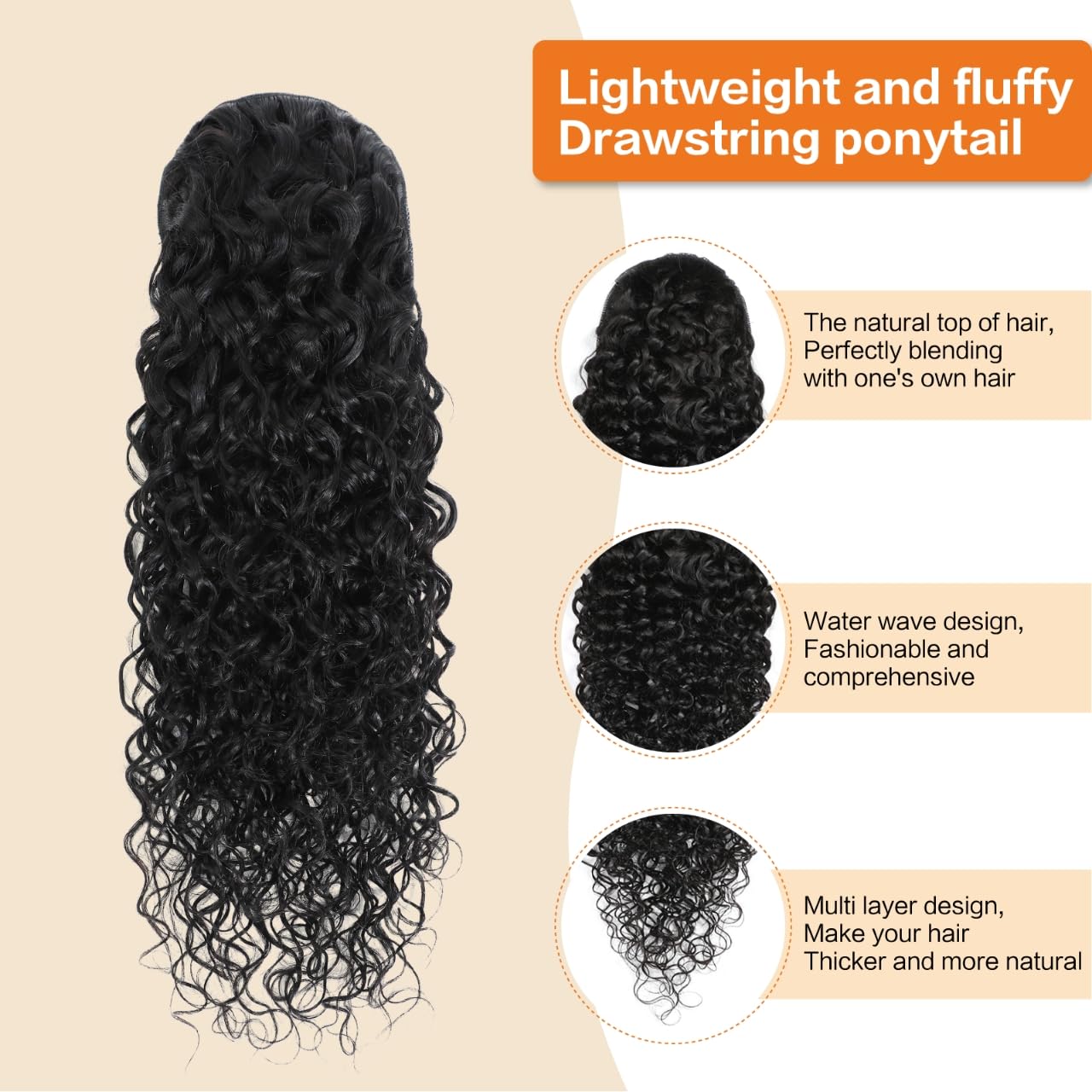 Yacurcur Water Wave Drawstring Ponytail Brazilian Remy Human Hair Ponytail Extensions for Black Women Ponytail Extension Human Hair Pieces Natural Black 18 Inch