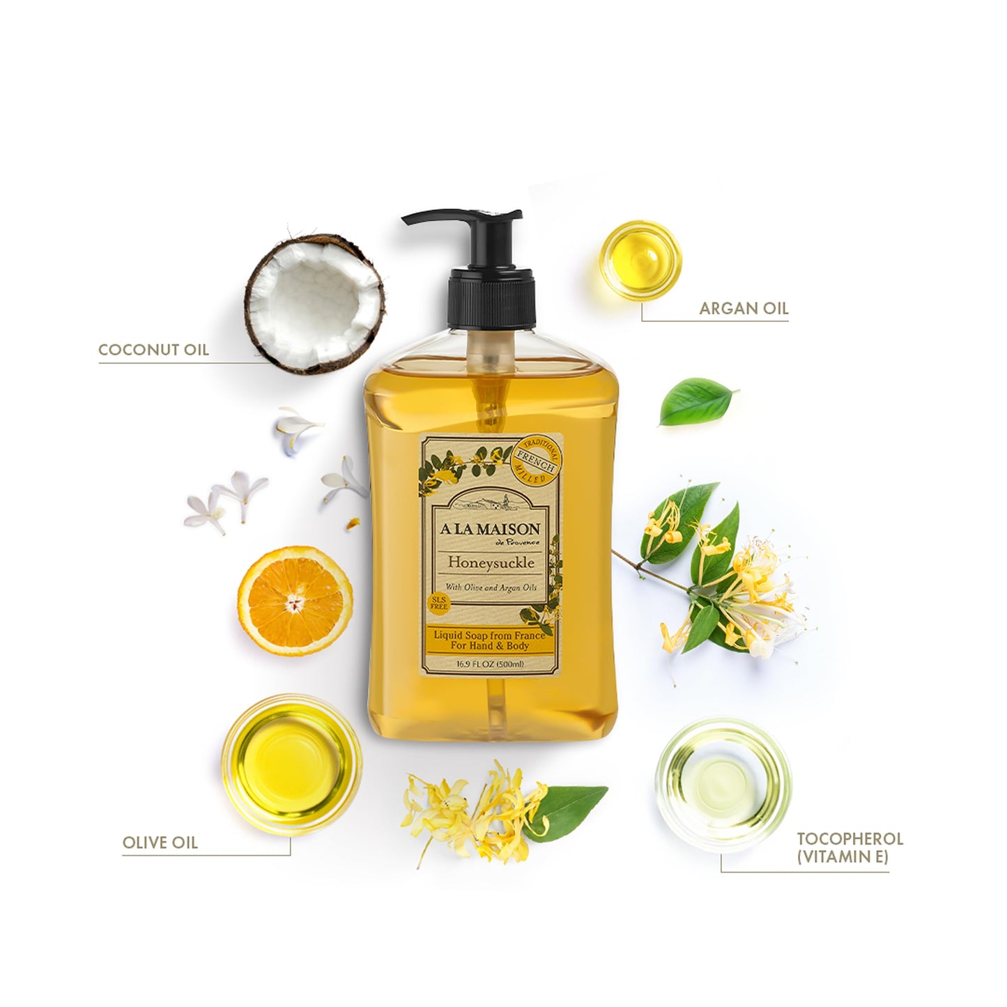 A LA MAISON Honeysuckle French Liquid Hand Soap - Natural Hand Wash Made with Essential Oils - Biodegradable, Plant-Based, Vegan, Cruelty-Free, Alcohol & Paraben Free (16.9 oz, 2 Pack)