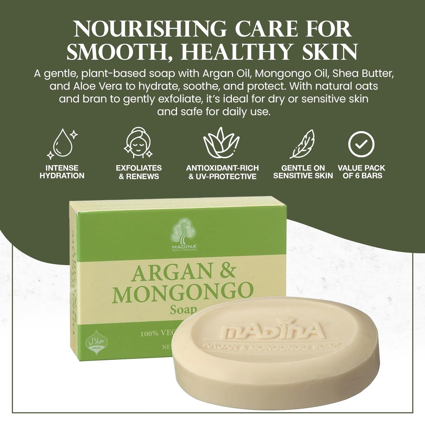 Madina Argan & Mongongo Soap Bar – Hydrating, Deep Moisturizing, Antioxidant, Natural Oils, Gentle Cleanser for Face & Body, For Dry & Sensitive Skin, 6 Pack (3.5 oz Each)