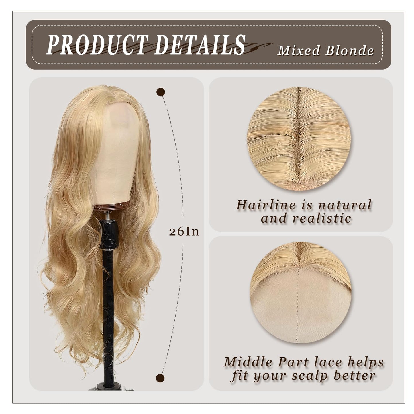 Long Mixed Blonde Wig for Women 26 Inch Wavy Synthetic Wig Middle Part Natural Looking Heat Resistant Balayage Blonde Curly Wig for Daily Use Cosplay Halloween Party