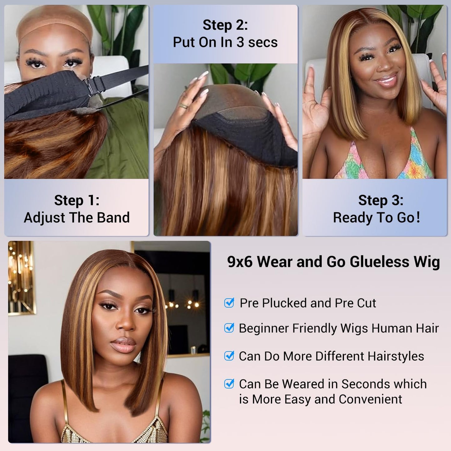 14Inch Blonde Highlight Bob Glueless Wig Human Hair 9x6 Wear And Go Glueless Wigs Pre Plucked Straight Short Bob Ombre Wig 220% Density 4/27 Honey Blonde Lace Front Straight Wigs Human Hair For Women
