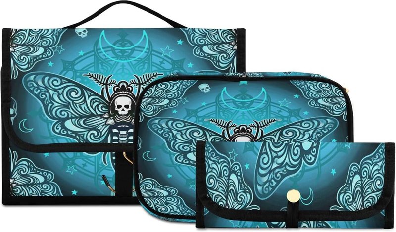 Goth Toiletry Bag Set - Butterfly Skull Makeup Organizer | 3-Piece Travel Cosmetic Bags