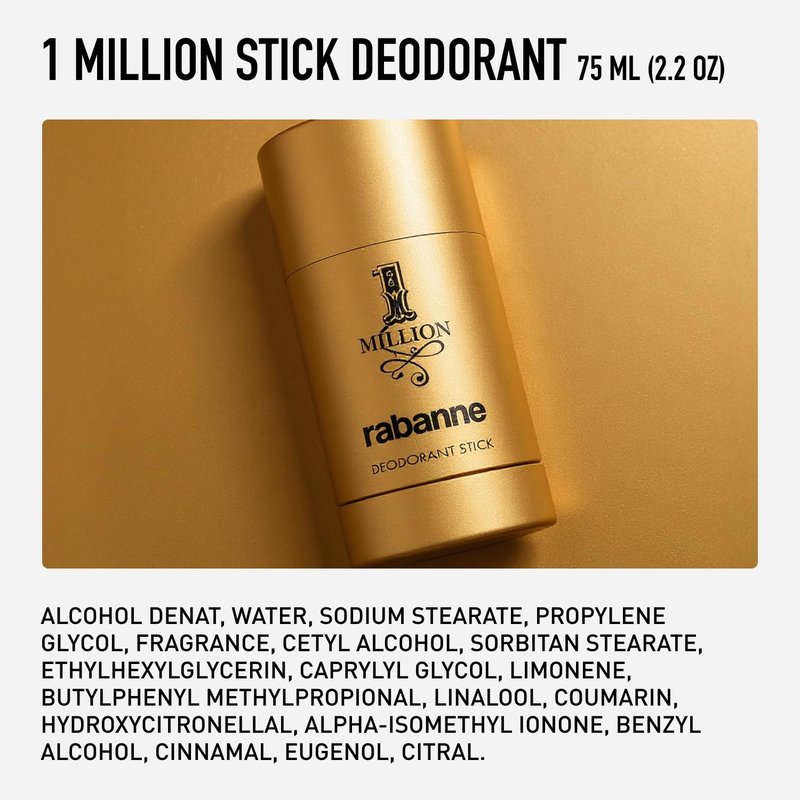 Rabanne 1 Million Deodorant Stick for Men | Luxury Solid Deodorant with Leather, Spice & Musk - 2.2 oz