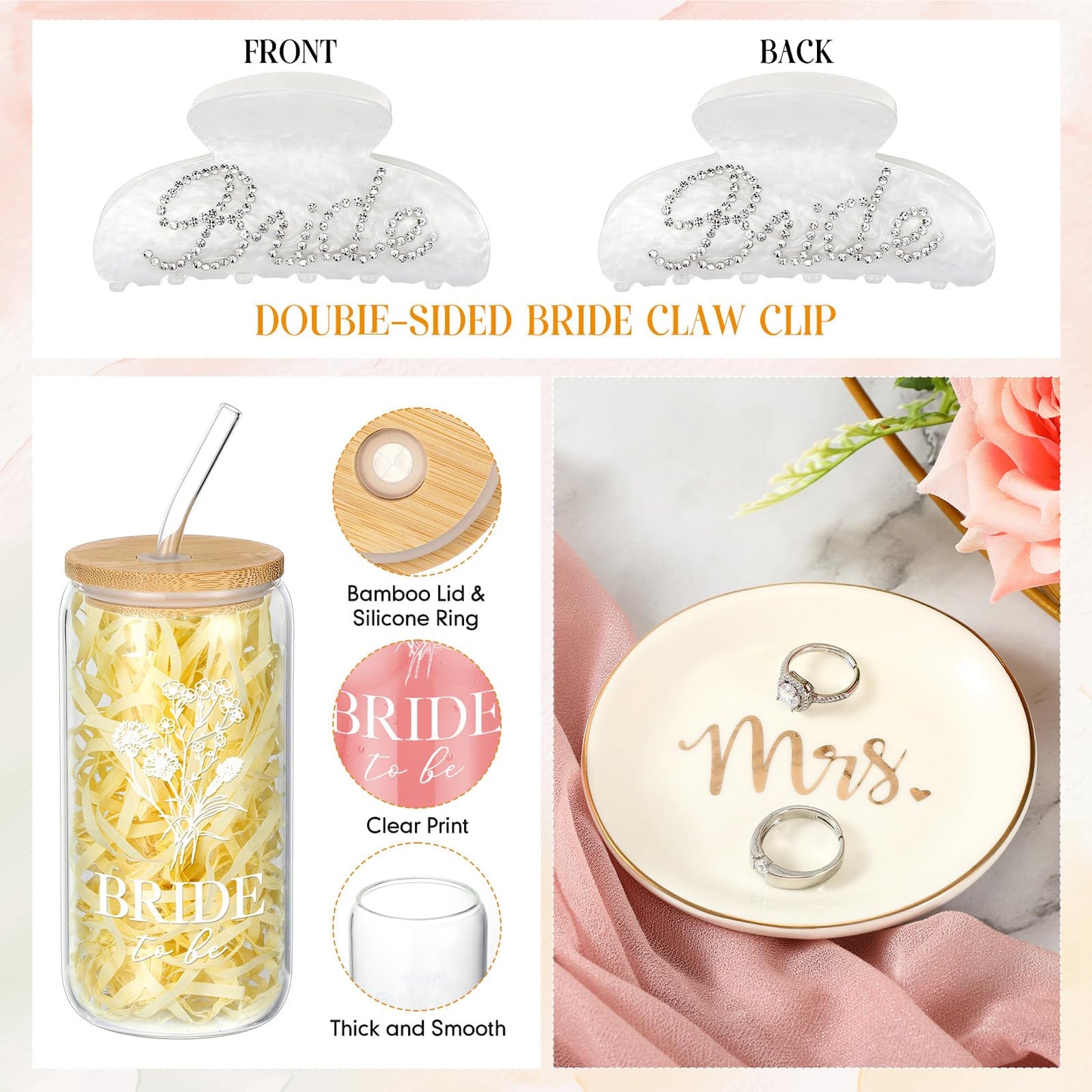LemonRoad 11 Pcs Bride Gifts Basket Set for Bridal Shower Bachelorette Party Heart Glasses Glass Cup Makeup Bag Bracelet Claw Clip Scrunchies Card Bride to Be Box Wedding Engagement Gifts for Her