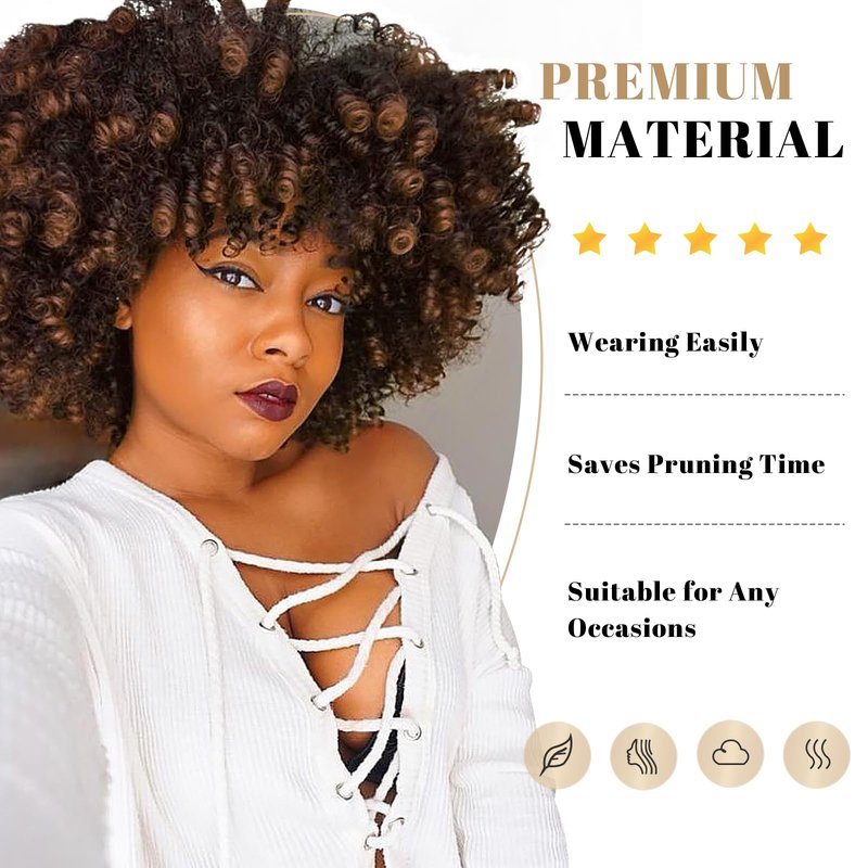 Looxey Afro Kinky Curly Wig, Black Women Short Bob Wigs with Bangs, Huge Fluffy Synthetic Fiber Full Wigs for Daily Party Use, 14 Inch Ombre Brown