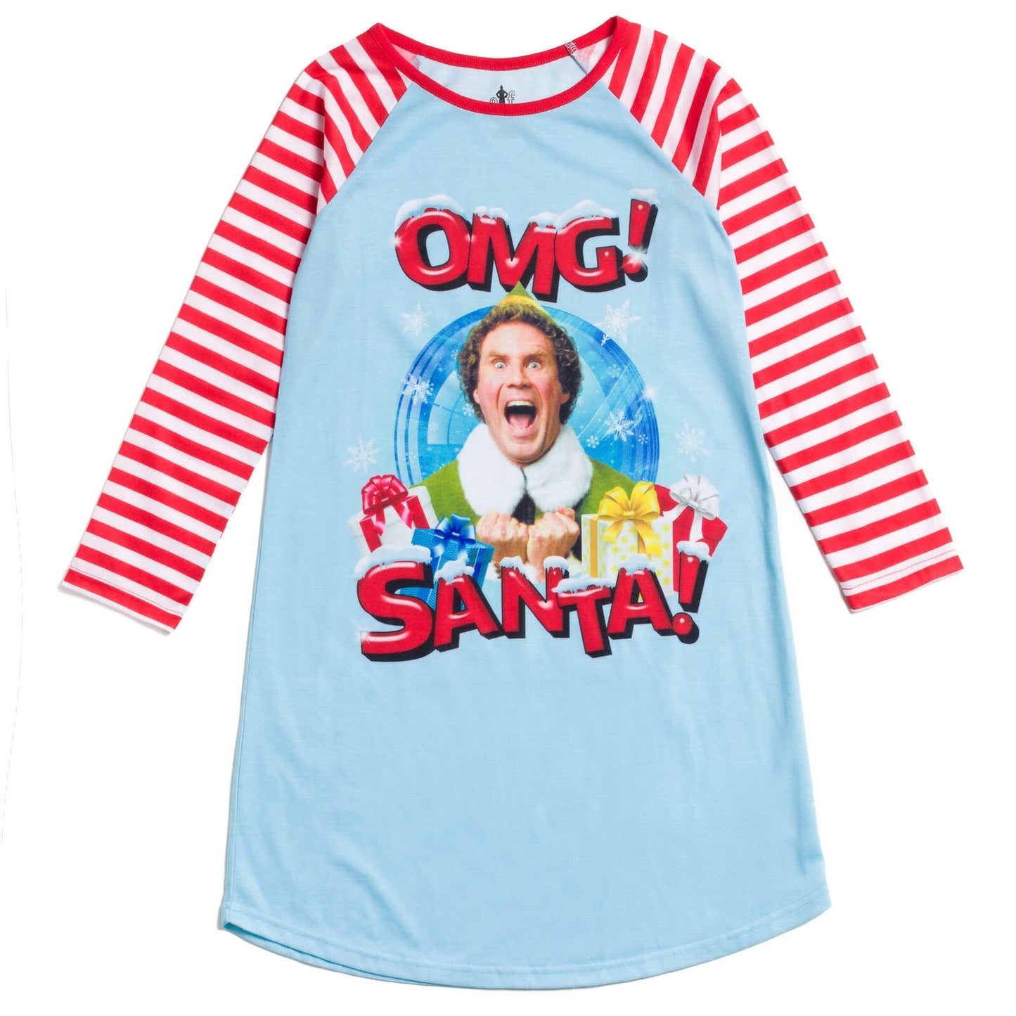 Elf Big Girls' Holiday Raglan Long Sleeve Graphic Sleep Shirt Buddy Light Blue 14-16