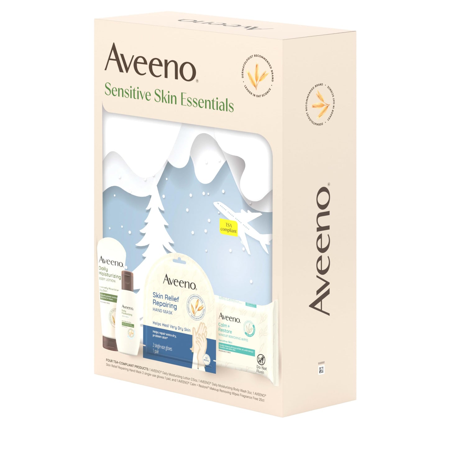 Aveeno Sensitive Skin Essentials Gift Set with Daily Moisturizing Lotion, Moisturizing Body Wash, Calm and Restore Makeup Removing Wipes and Skin Relief Repairing Hand Mask, 4 Items