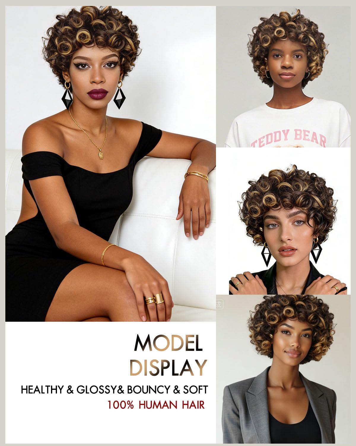 Wosama Curly Human Hair Wig With Bangs Ombre Glueless Bob Wig Human Hair 12inch Wigs Human Hair With Bangs Highlight Wear 4/27