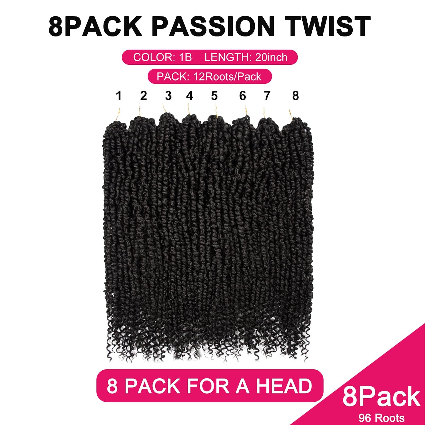 Passion Twist Hair - 8 Packs 20 Inch Passion Twist Crochet Hair For Women, Crochet Pretwisted Curly Hair Passion Twists Synthetic Braiding Hair Extensions (20 Inch 8 Packs, 1B)