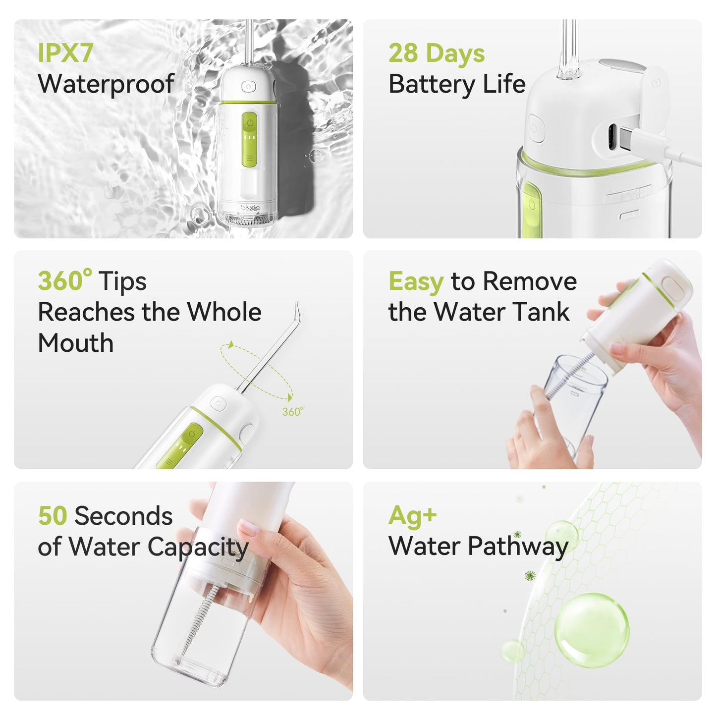 bixdo Water Flosser Portable for Travel - Mini Water Flosser with 3 Modes, IPX7 Waterproof, 360° Nozzles, Cordless Water Dental Flosser for Teeth Cleaning Flossing for Adults, Braces & Sensitive Gums