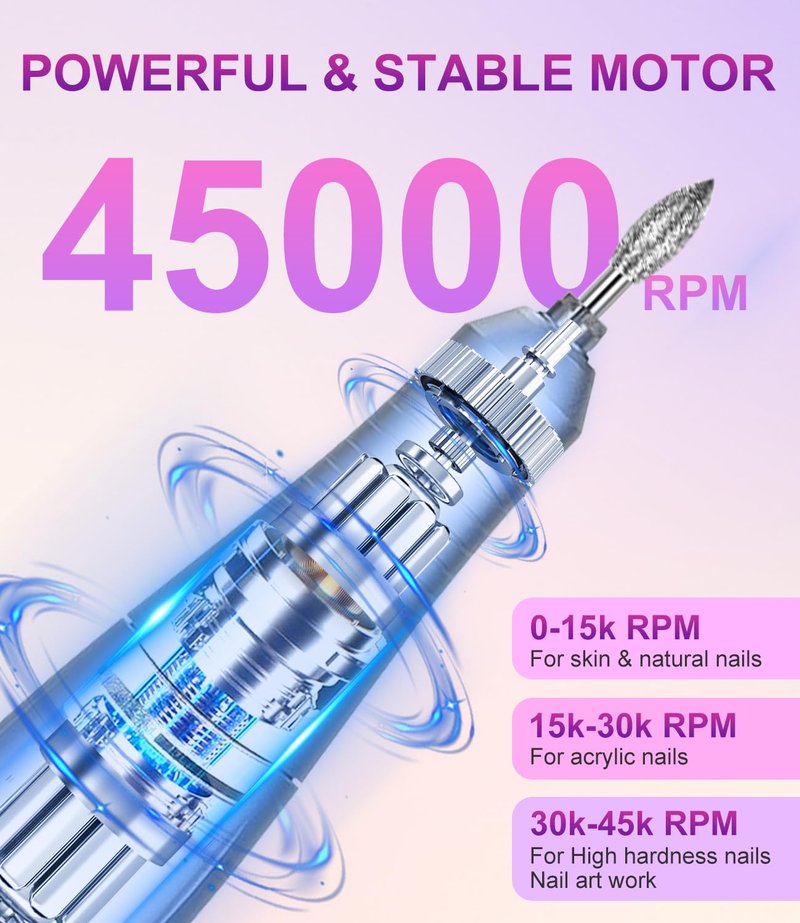 RYUNVOVO Electric Nail Drill Professional, 45000 RPM Rechargeable Nail Drill Kit, Electric Nail File for Acrylic, Manicure & Pedicure & Polishing Tools for Home Salon, Pink