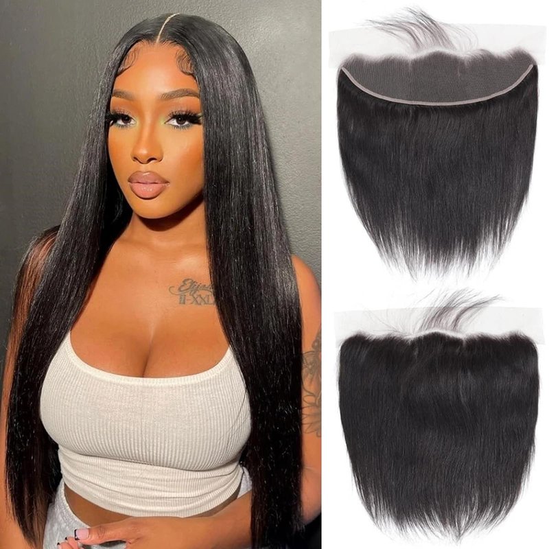13x4 Lace Frontal Closure Straight Ear to Ear HD Lace Frontal Pre Plucked 16 Inch Brazilian Virgin Human Hair Frontals Free Part 150% Density Hair Extensions Natural Black