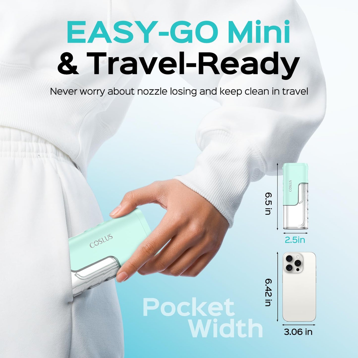 COSLUS T40 Mini Water Flosser for Travel: Portable Lightweight Design Cordless Oral Irrigator with Removable Tank & 4 Modes, IPX7 Waterproof for Braces, Sensitive Teeth Travelers & Family Use, Green