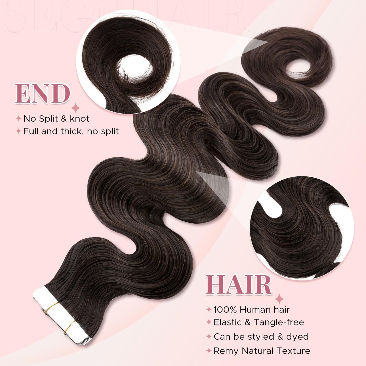 SEGOHAIR Wavy Tape In Hair Extensions Real Human Hair with Double-Sided Adhesive Professional Hair Extensions for Women 20pcs Body Wave 14 Inches Dark Brown