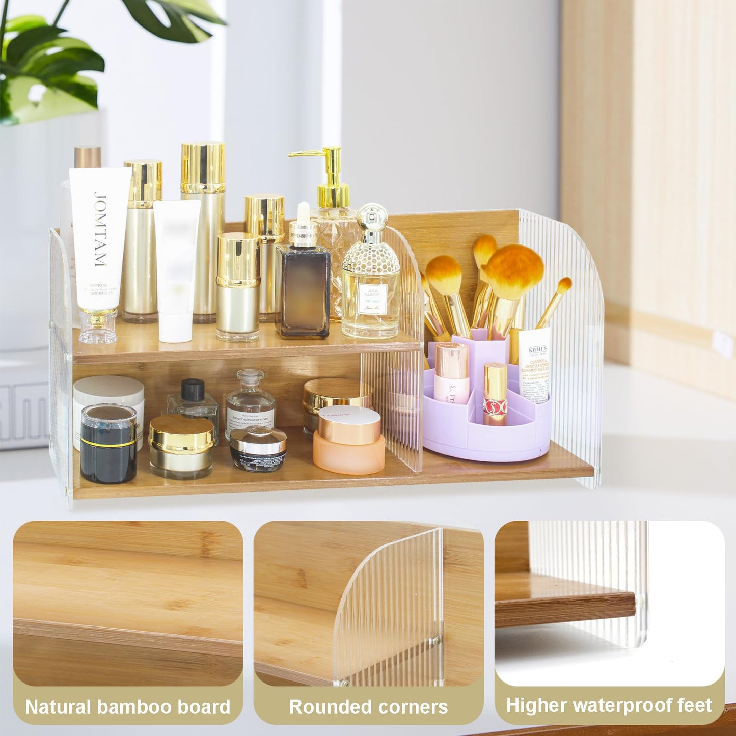 JONKASIPA 2-Tier Acrylic Makeup Organizer & Skincare Storage Cabinet Countertop Bamboo Desktop Organizer for Cosmetics, Skincare, and Essentials -Brown