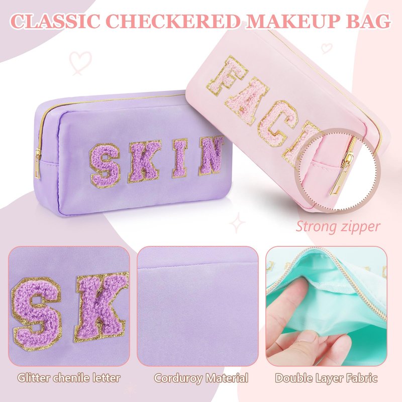 4 Pcs Travel Toiletry Bags for Women Preppy Makeup Bags Organizer Face Skin Hair Stuff Chenille Letter Pouch with Zipper Aesthetic Corduroy Skin care Hair Bag for Women Gifts