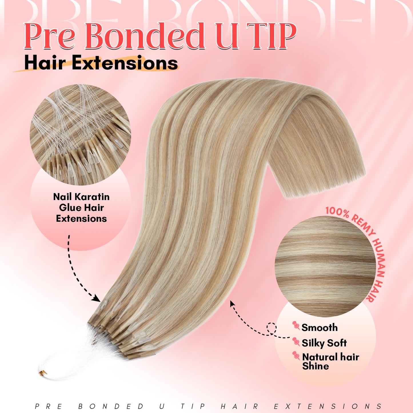S-noilite U Tip Hair Extensions 100% Real Remy Human Hair Upgraded Micro Ring K Tip Extensions Pre Bonded Keratin Hair Extensions 50g/50 Stands 14 Inch Golden Brown Highlighted Bleach Blonde
