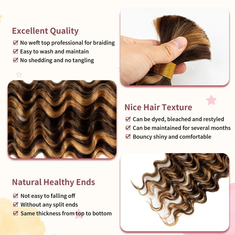 Human Braiding Hair - 22 Inch 60G Deep Wave Bulk for Boho Knotless Braids | Wet & Wavy Curly Hair