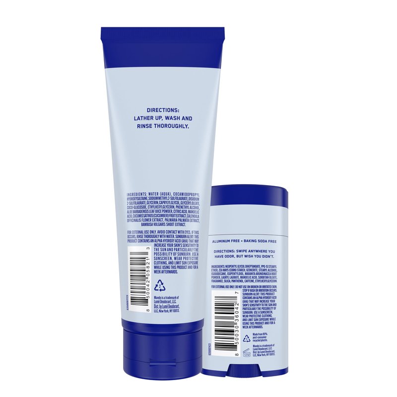 Mando Smooth Solid Stick (2.6 Ounce) + Acidified Body Wash (8.5 Ounce) - Clinically Proven to Block Odor All Day - Whole Body Safe For Pits, Packages + Feet (Pro Sport)