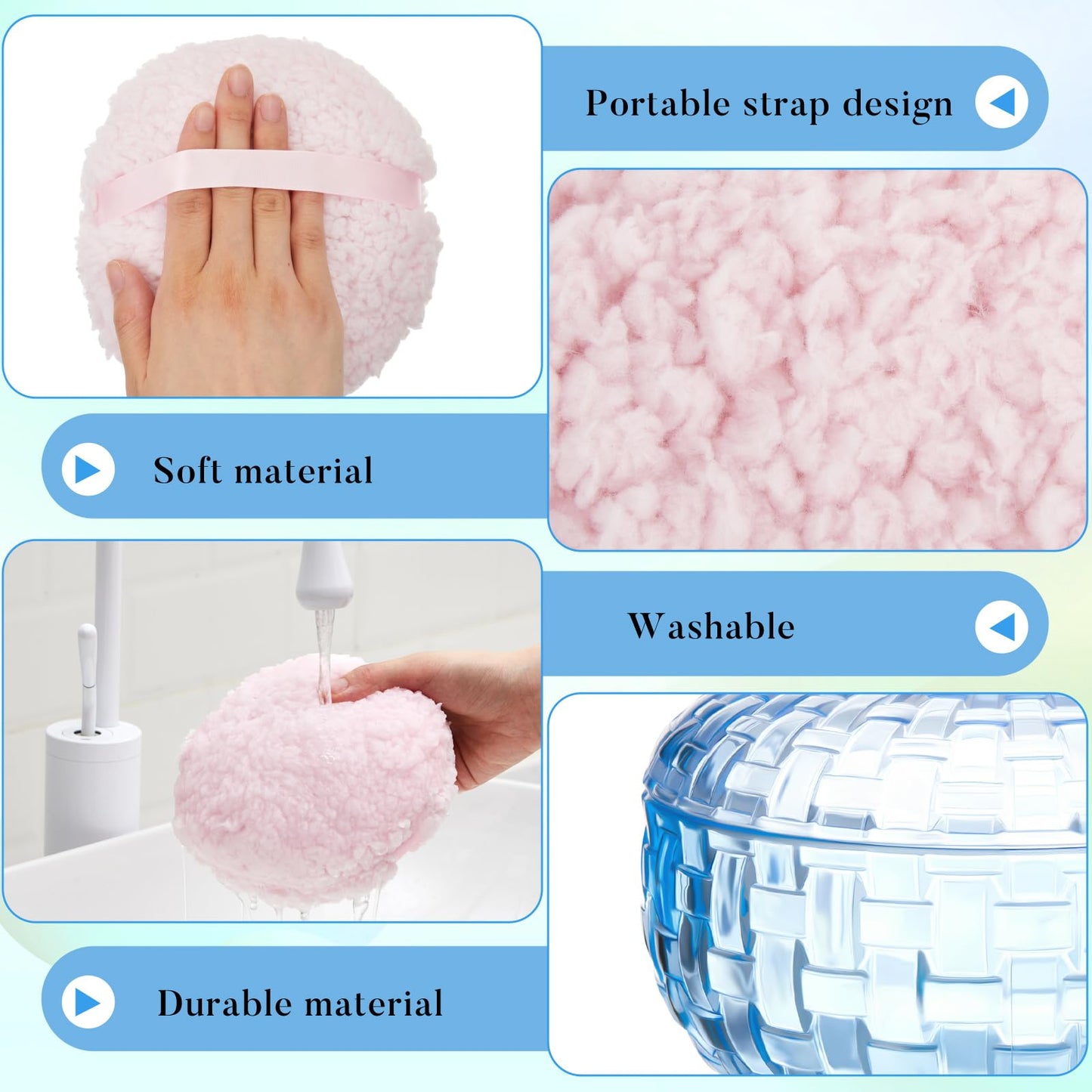 Tioncy 2 Pcs Extra Large Dusting Powder Puff and Container for Women-6'' Glass Crystal Dusting Powder Container with Body Soft Washable Reusable Velour Face(Blue,Weave Design)