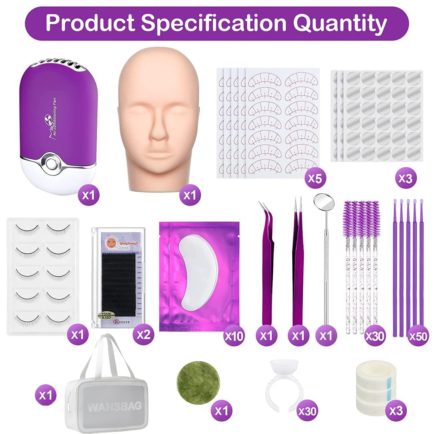 Eyelash Extension Practice Kit - Complete Training Set for Beginners | Mannequin Head, Lash Fan, Shampoo, Adhesive & Mirror (Purple)