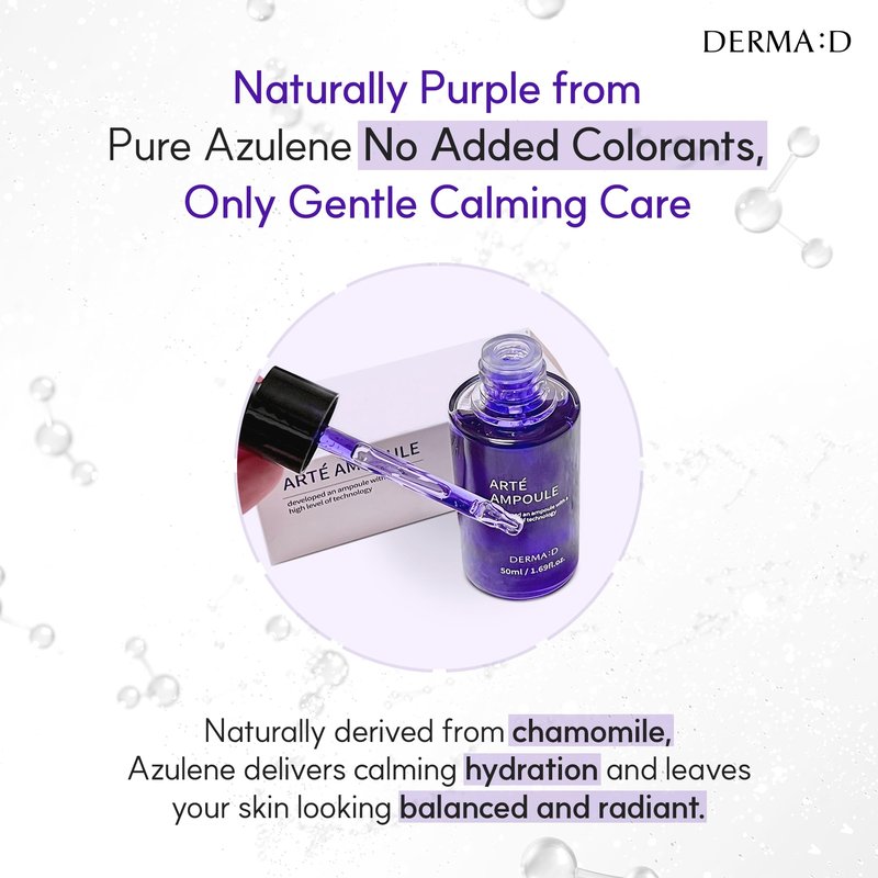 DERMA:D Calming Face Serum for Sensitive Skin, Korean Azulene Ampoule with Vitamin C, Soothing Hydration for Redness & Dry Skin, Lightweight Moisture Care 1.69 fl oz