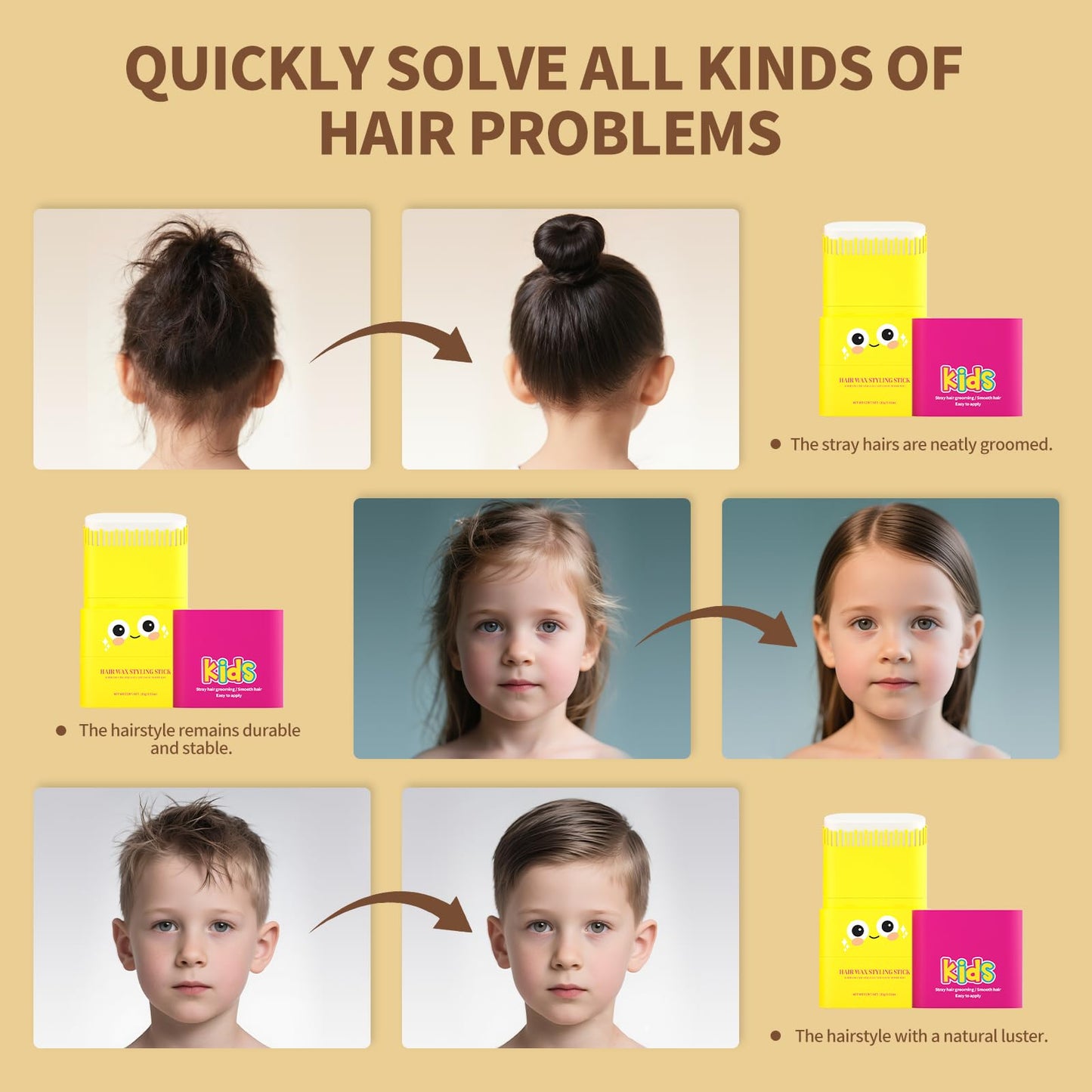 gowwim Kids Hair Gel, Natural Hair Gel for Kids Non-greasy Hair Styling Stick for Girls & Boys Long-Lasting Hair Finishing Stick Flyaway Hair Control