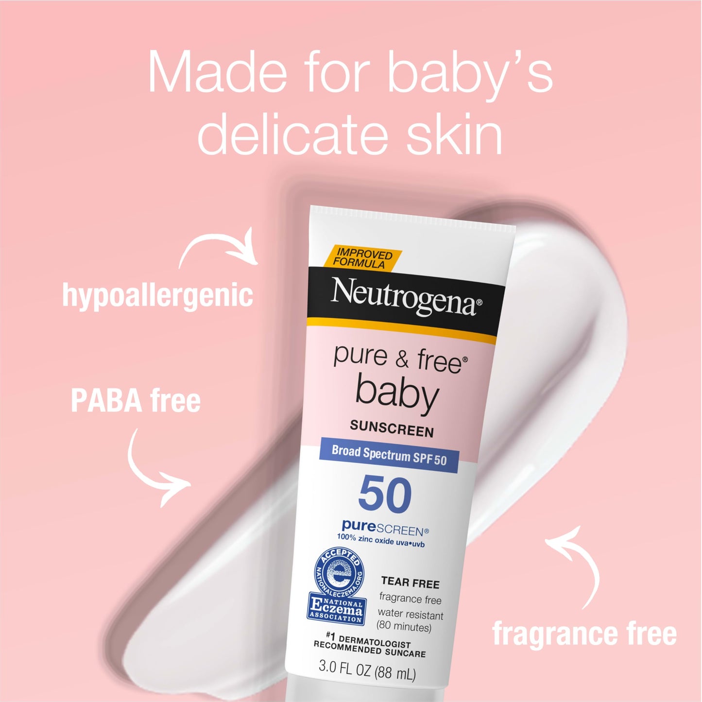 Neutrogena Pure & Free Baby Mineral Sunscreen Lotion with Broad Spectrum SPF 50 & Zinc Oxide, Water-Resistant, Hypoallergenic & Tear-Free Baby Sunscreen, Paraben-Free, Dye-Free, 3 fl. oz, 1 Pack
