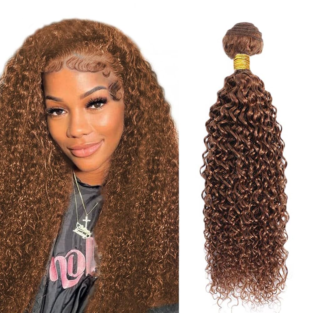 Curly Human Hair Bundles Light Brown 14 16 18 Inch Kinkycurly Color #30 Bundles Human Hair Unprocessed Native Virgin Hair 100/PC 3 Extensions Wet and Wavy Human Hair Extensions for Women
