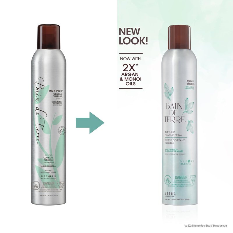 Bain de Terre Stay N' Shape Flexible Shaping Spray, Medium Hold & Shine, Heat & Humidity Protection with Argan & Monoi Oils, Paraben-Free, Color-Safe, Vegan, 9.1 Fl Oz