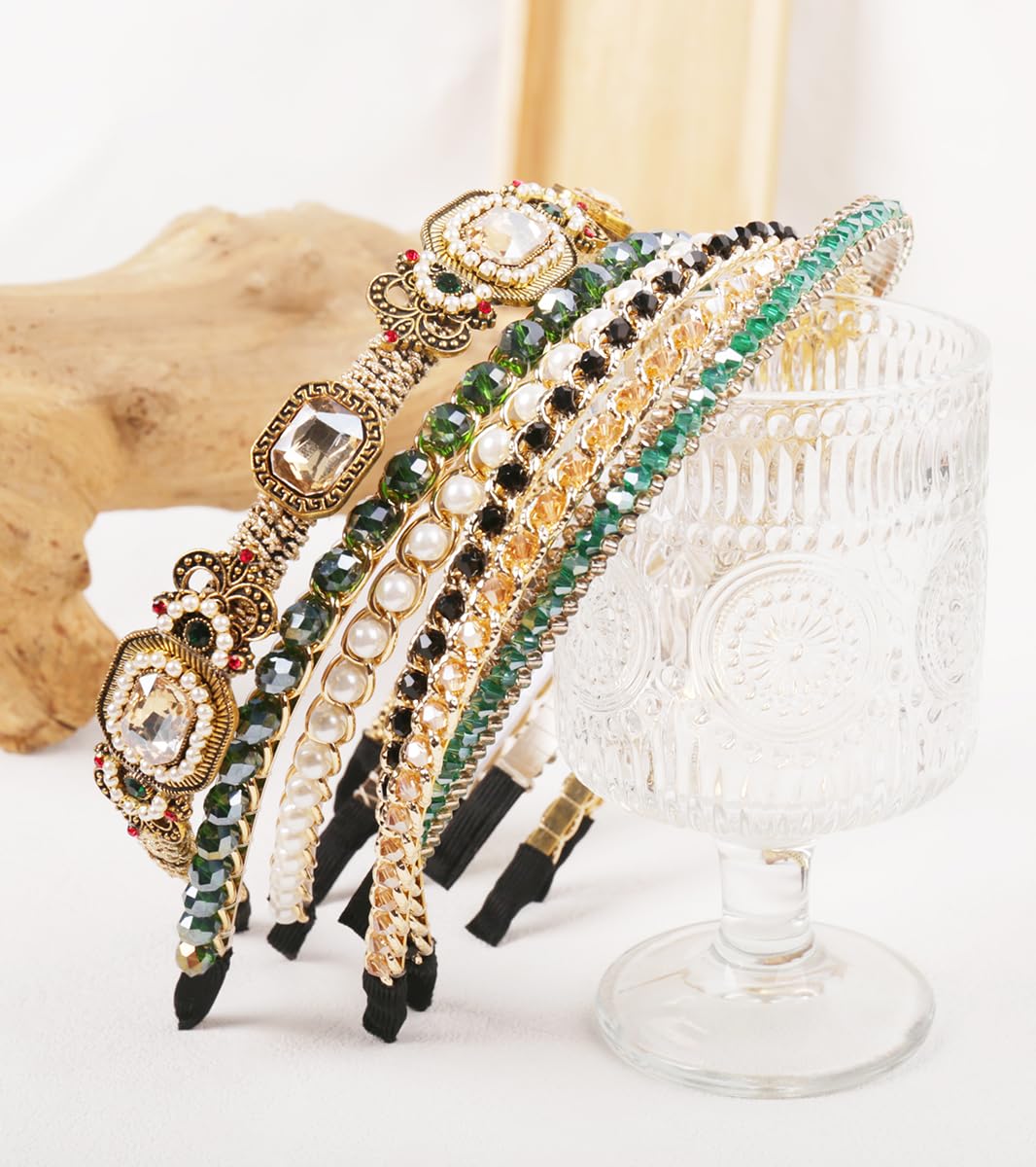 YARN & INK 6 Pcs Women's Champagne Gold Rhinestones Headbands for Women Girls, 80s Pearsl Headband Party Headwear Vintage Bling (Mix Hairbands)